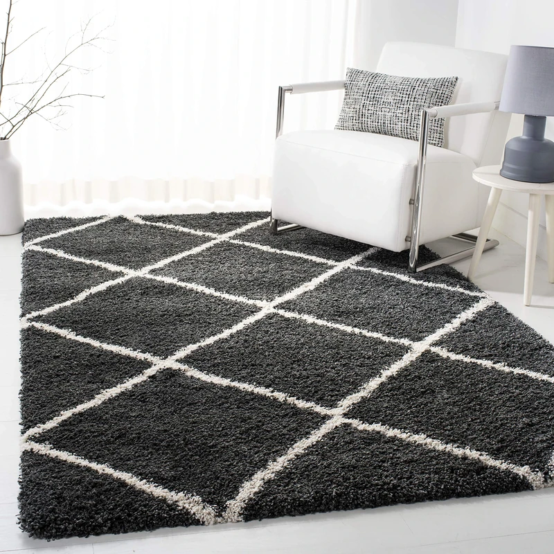 Safavieh Shaggy Indoor Woven Rectangle Area Rug, Hudson Shag Collection, SGH281, in Dark Grey/Ivory, 183 x 274 cm for Living Room, Bedroom or Any Indoor Space