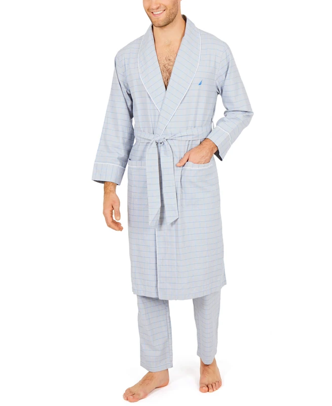 Nautica Men's Long-Sleeve Lightweight Cotton Woven-Robe Bathrobe, Grey, L-X-L