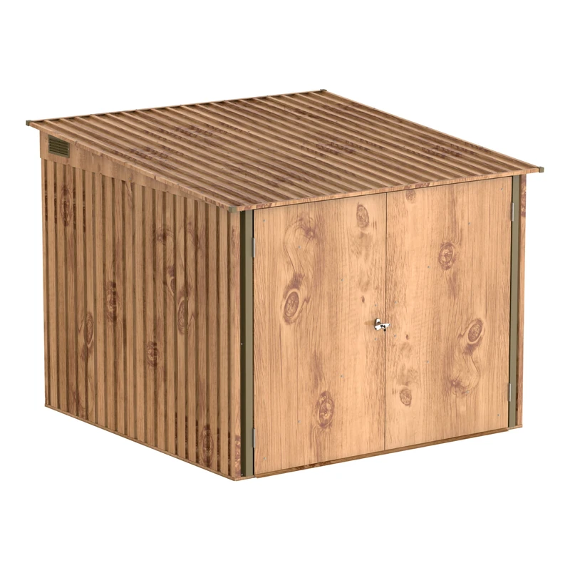 Duramax Bicycle Store with 4x adjustable bicycle tracks & Fully Wide Double Lockable Doors, Metal Storage Shed, Garden Shed for bikes, Bicycle storage for 4 bikes, Woodgrain & Brown Trimmings