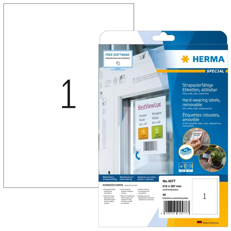 Herma 4577 Weatherproof Film A4 210 x 297 mm Matt Removable Labels – White (Pack of 20)