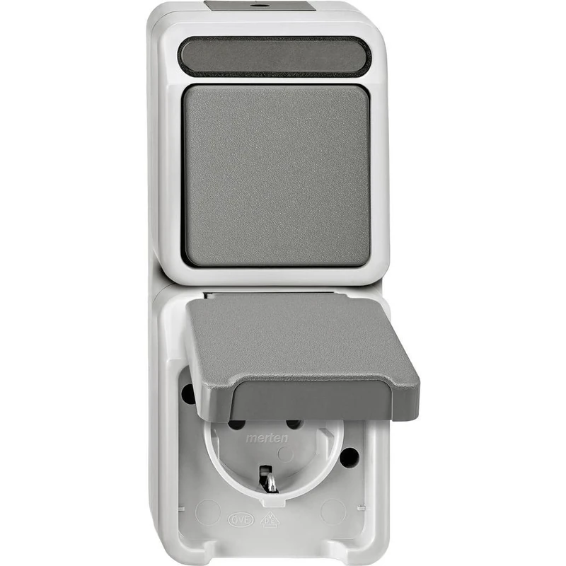 Schneider Electric Merten MEG3497-8029 Combination Surface-Mounted Schuko Socket with Touch Protection/Button 1-Way, 1-Pin Contact Socket, IP44, Light Grey, Aquastar