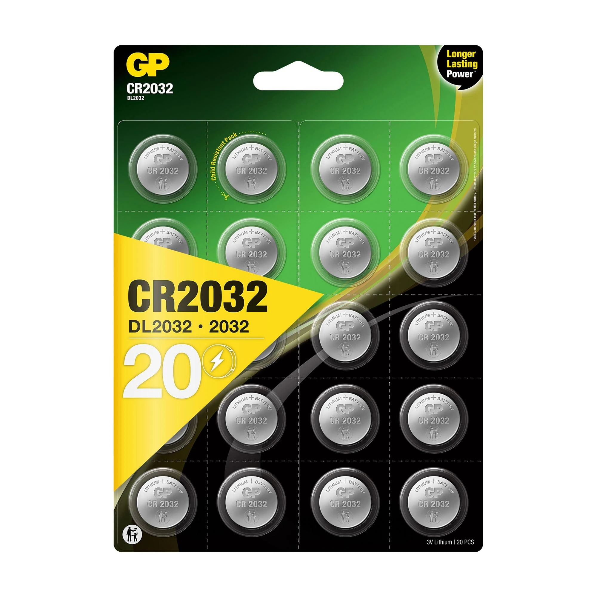 GP CR2032 Lithium Button Cells 3 V, Button Batteries CR 2032 / DL2032, Voltage 3 Volt (20 Pieces in 4 x Pack of 5, Batteries Individually Removable)