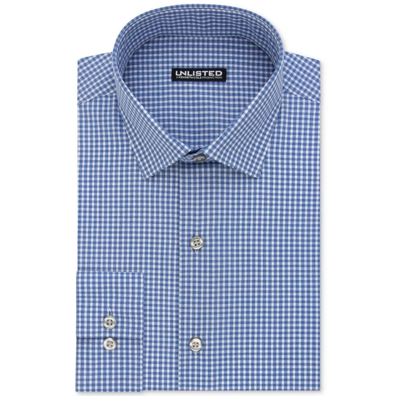 UNLISTED by Kenneth Cole Men's Dress Shirt Slim Fit Checks and Stripes (Patterned), Medium Blue, 14"-14.5" Neck 32"-33" Sleeve