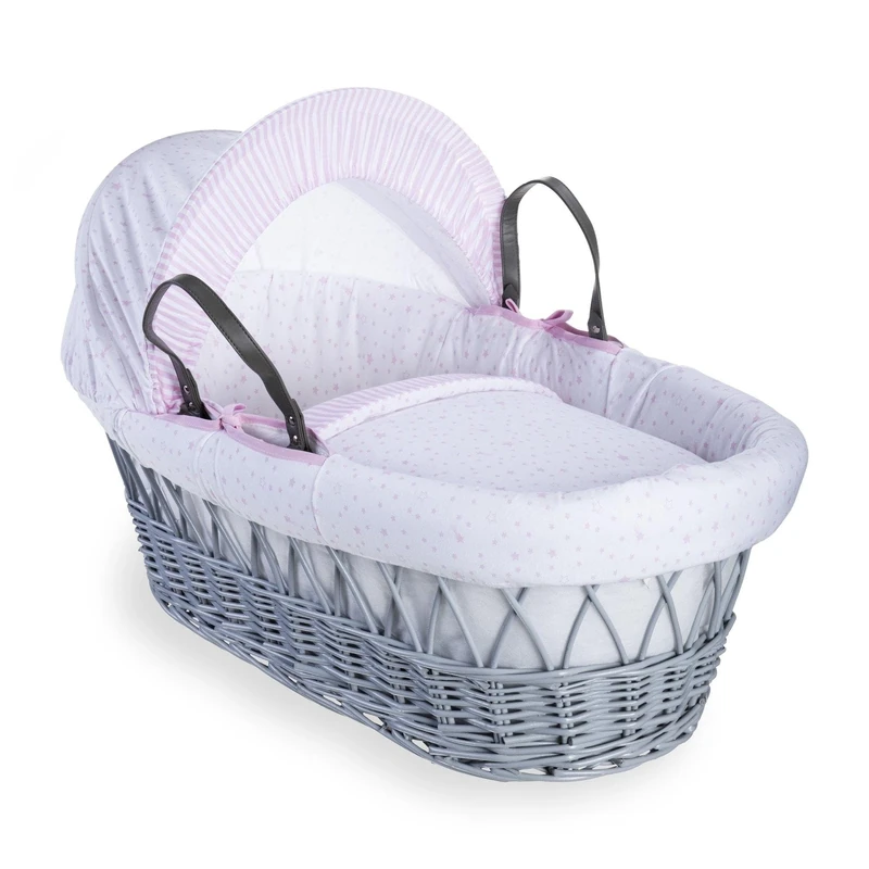 Clair de Lune Stars and Stripes Grey Wicker Moses Basket inc. bedding, mattress & adjustable hood (Pink)