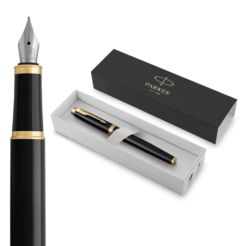 Parker IM Fountain Pen | Black Lacquer with Gold Trim | Fine Nib with Blue Ink Refill | Gift Box