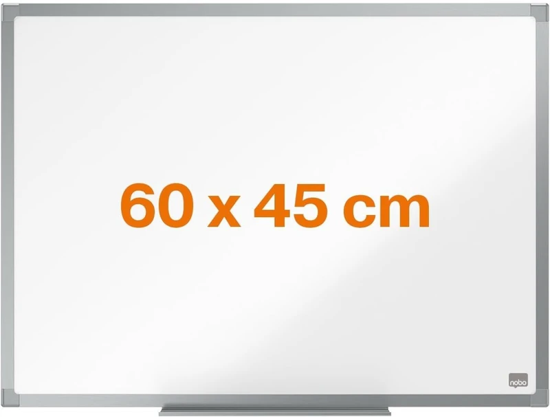 Nobo Steel Magnetic Whiteboard, 600 x 450mm, Aluminium Trim, Corner Wall Mounting, Includes Whiteboard Pen Tray, Essence Range, 60 x 45cm, White, 1905209