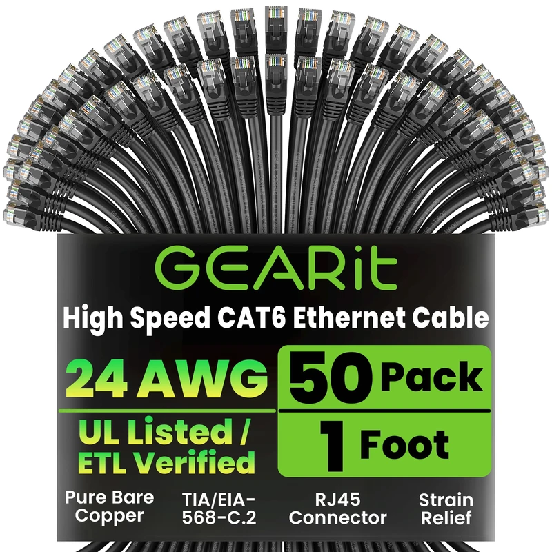 GearIT 50-Pack, Cat 6 Ethernet Cable Cat6 Snagless Patch 1 Foot - Snagless RJ45 Computer LAN Network Cord