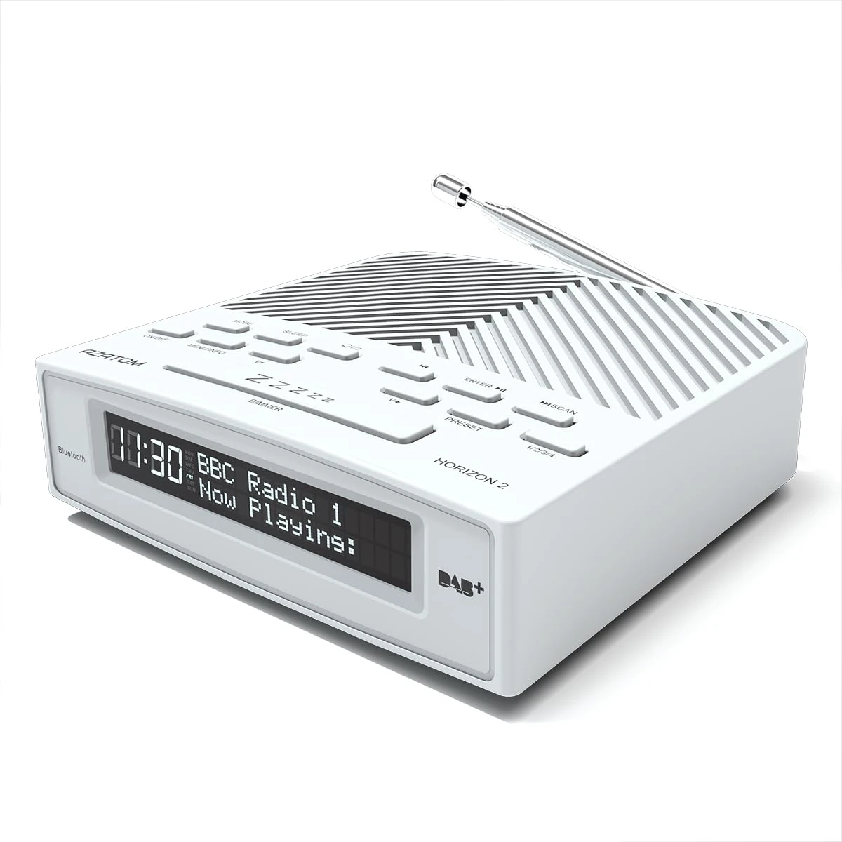 DAB/DAB+ & FM Bedside Digital Radio | Dual Alarms & Sleep Timer | USB Device Charging | Mains Powered | Bluetooth | Perfect for the Bedroom | AZATOM Horizon 2 (White)
