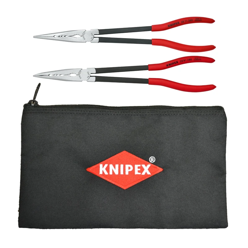 KNIPEX Tools - 2 Piece Extra Long Needle Nose Pliers Set with Keeper Pouch (28 71 280, 28 81 280 and 9K 00 90 12 US) (9K0080128US)