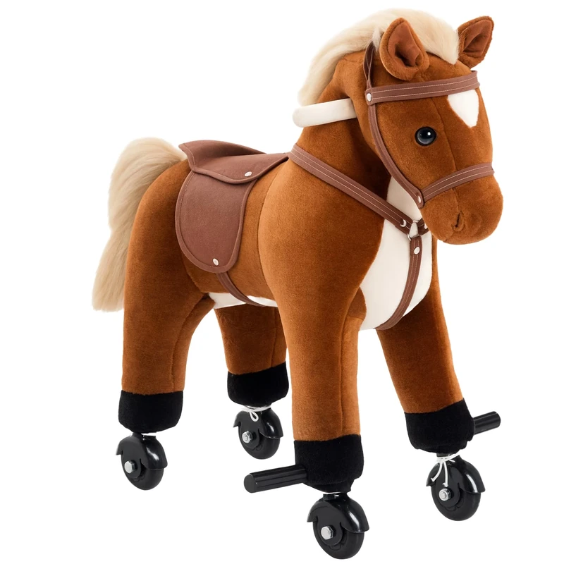 HOMCOM Rocking Horse Kids Ride on Walking Horse Animal Pony Wheeled Riding Plush Toy w/Sound for 2 Years and Up (Brown)