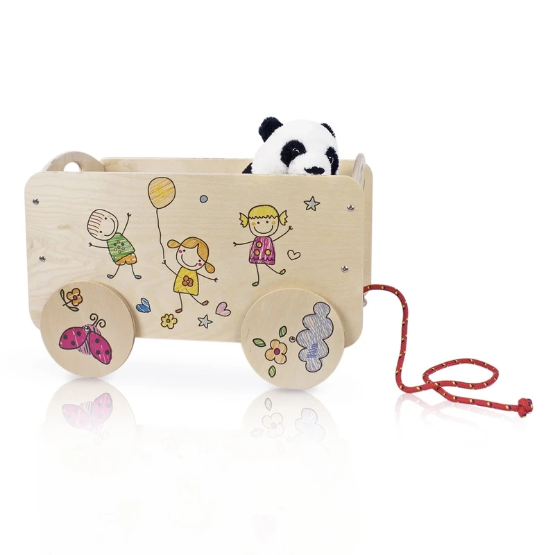 Dida - Carretto in legno trainabile porta oggetti e giochi per bambini. Decoro Bimbi. - Image 1