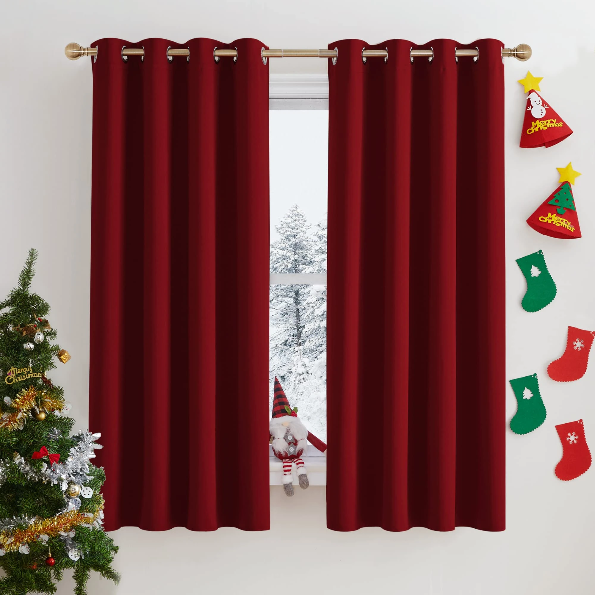 PONY DANCE Thermal Blackout Curtains - 52 x 63 Inch Eyelet Christmas Curtains Modern Style for Home Decoration Light Blocking Drapes for Short French Door, Red, 2 Panels