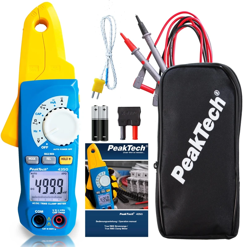 PeakTech P 4350 - Current Clamp Meter with 1 mA Resolution, 80A AC/DC, TrueRMS & DMM, Auto-range, 4.000 Counts, Contactless Voltmeter, Ammeter, Continuity Tester, LCD Display - CAT III 600 V