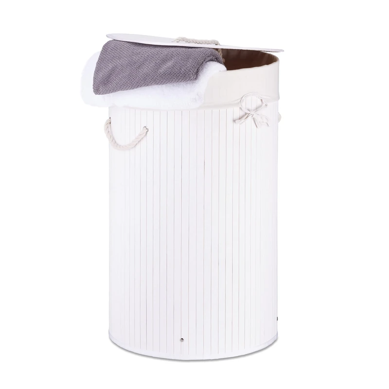 Relaxdays Folding Round Laundry Basket, 41 cm Diameter, 65 cm Tall, Foldable, Volume of 80 L, with Cotton Laundry Sack, White