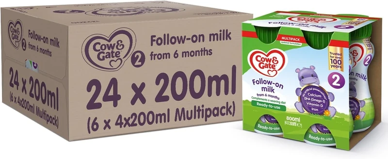 Cow & Gate 2 Follow On Baby Milk Ready to Use Liquid Formula, 6-12 Months, 4x200ml (Pack of 24)