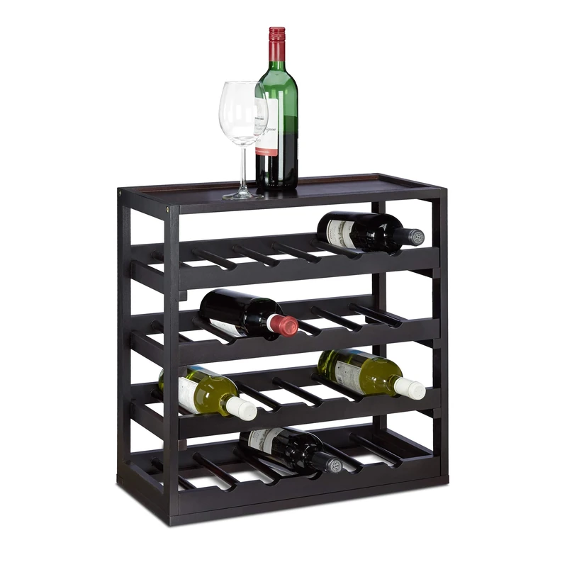Relaxdays Wine Rack made of Wood, Size: 52 x 52 x 25 cm Robust Bottle Holder for Wine Bottles Freestanding Shelf in Elegant Black Bottle Stand with 4 Shelves for 20 Bottles, Black