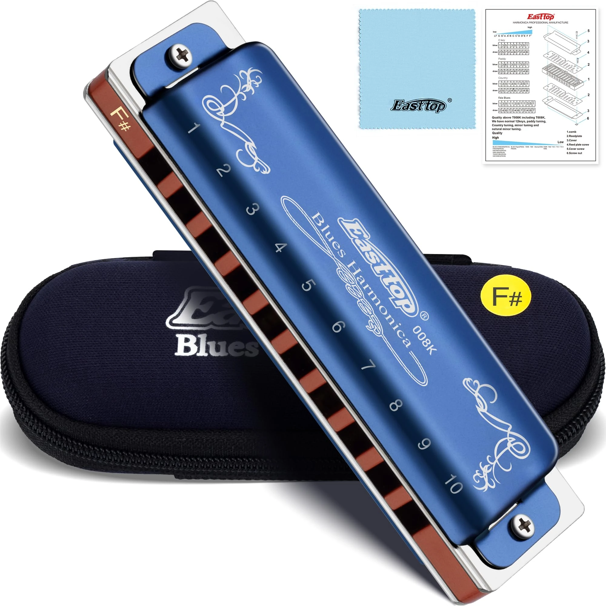 East top 10 Holes 20 Tones 008K Diatonic Harmonica Key of F# with Blue Case, Standard Harmonicas For Adults, Professional Playerand Students