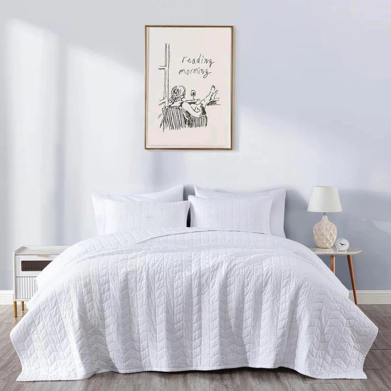 Chezmoi Collection Madrid 3-Piece Vintage Washed Solid Cotton Quilt and Shams Set (Queen, White) - Image 1