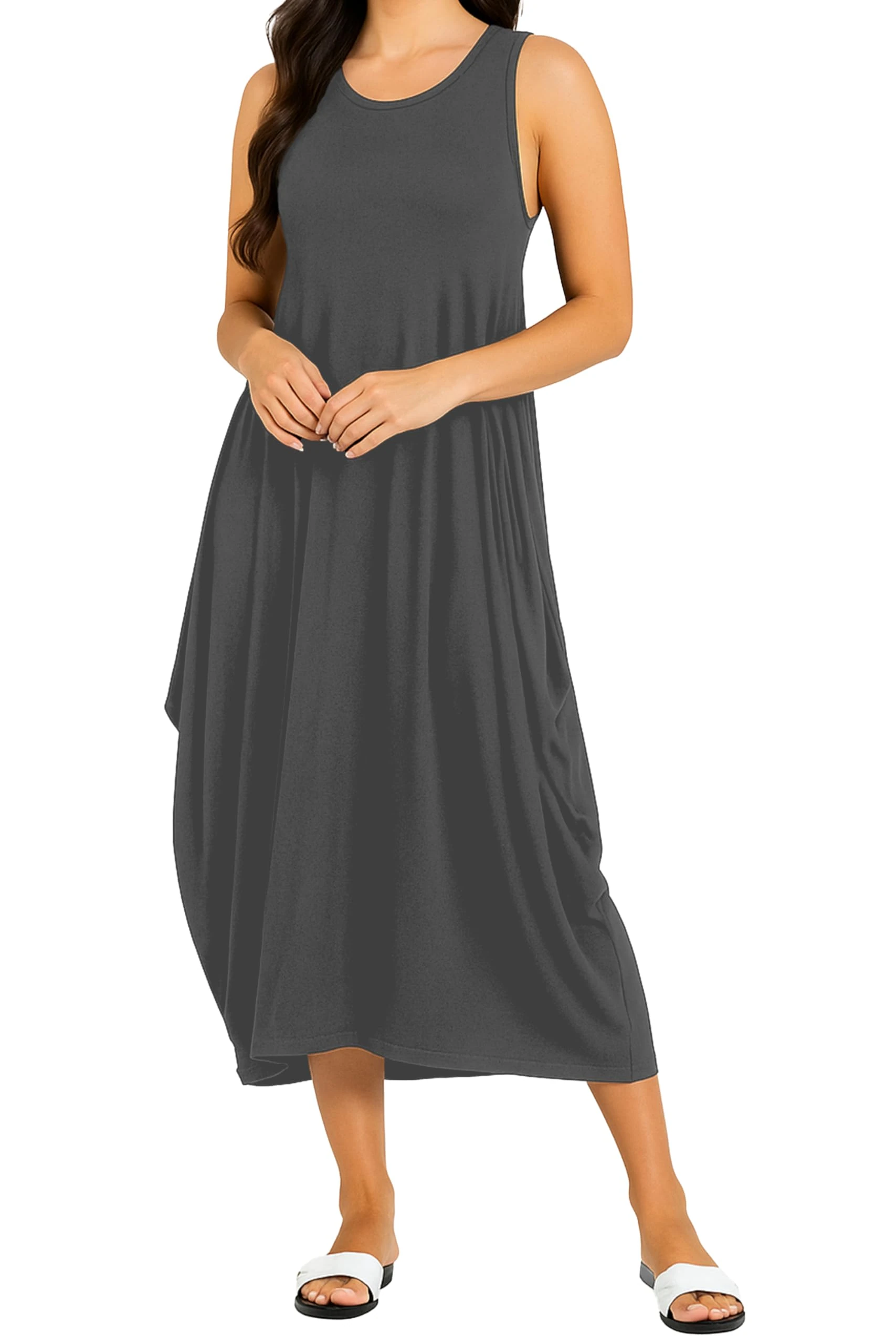 Re Tech UK - Womens Sleeveless Baggy Loose Racer Dress - Lagenlook Tulip Round Neck - Maxi Dresses for Women UK, Ladies Summer Dresses, Beach Holiday Clothes, Plus Size Dress for Women Charcoal 16-18