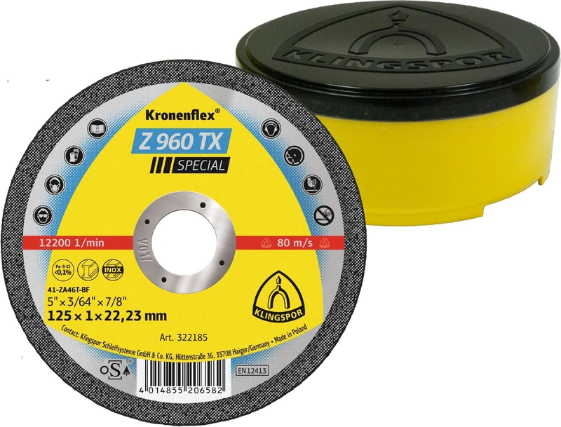 Klingspor Kronenflex Z 960 TX Special Cutting Discs 125 x 1 x 22.23 mm Straight - for Stainless Steel, Alloys, Titanium and Carbon Steel in Kronenflex Box - 322185 | Pack of 25