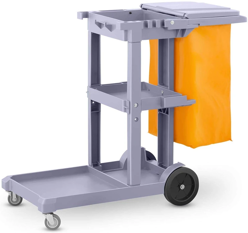 Professional Plastic Cleaning Cart with Three Trays with 100 Litre Vinyl Bag Plus Lid Measures 120 x 52 x 96 cm (L x F x W).