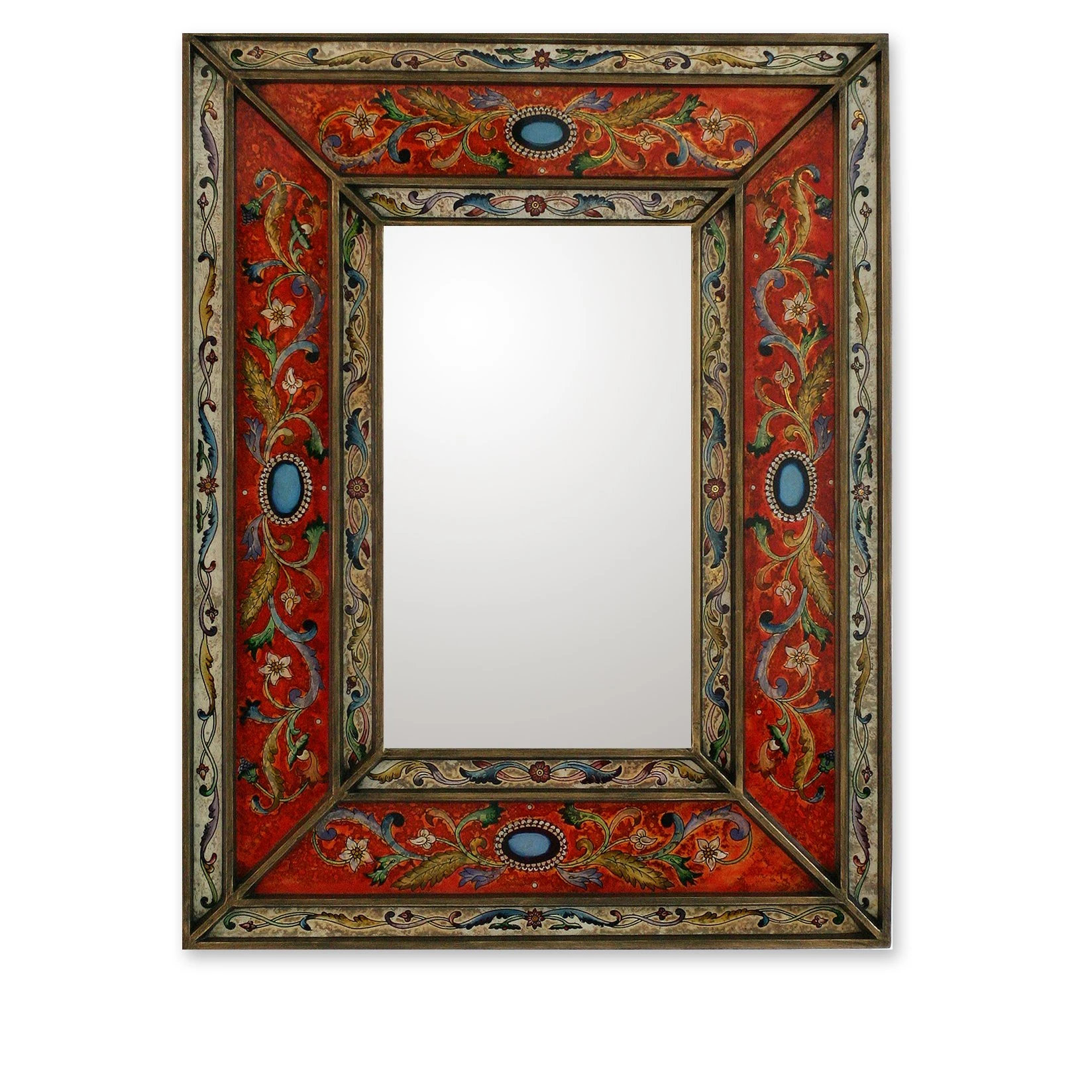 NOVICA Floral Glass And Wood Wall Mounted Mirror, Orange, 'Orange Cajamarca Warmth'