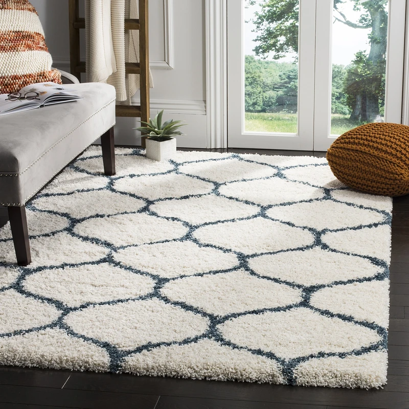 Safavieh Shaggy Indoor Woven Rectangle Area Rug, Hudson Shag Collection, SGH280, in Ivory/Slate Blue, 155 x 229 cm for Living Room, Bedroom or Any Indoor Space