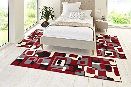 Hanse Home Retro 3-Piece Bed Border Rug Velour Carpet Runner Short Pile Modern Patterned Runner Set for Children's Room Bedroom Red Grey 2x 70x140cm 1x 70x230cm