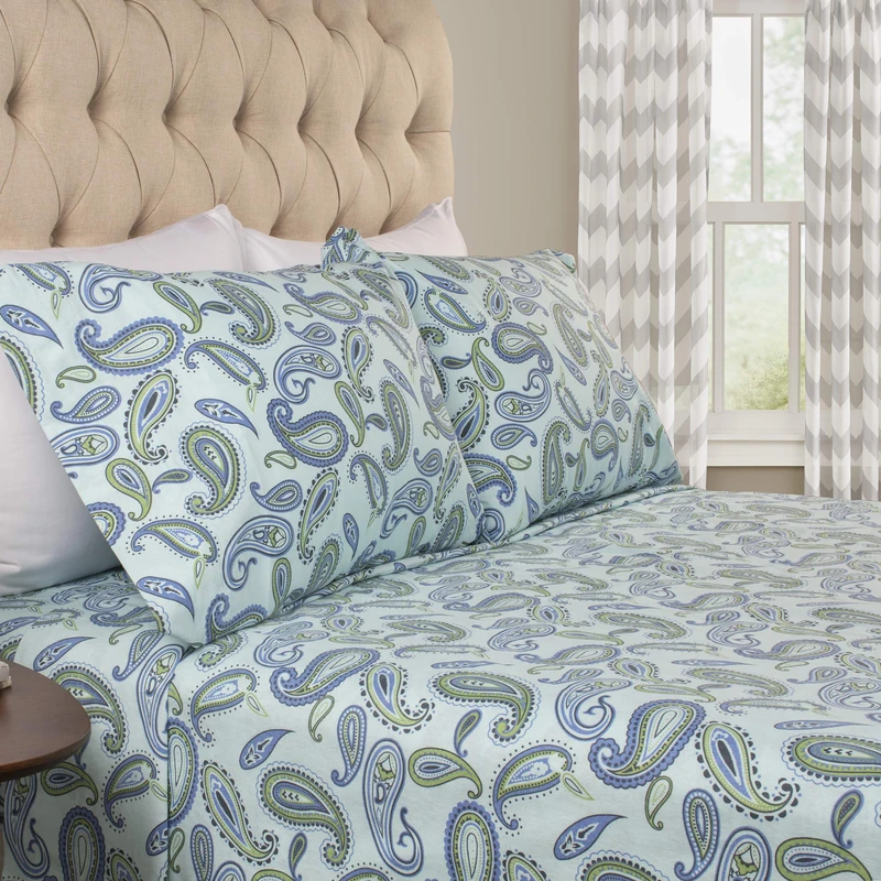Superior Premium Cotton Flannel Sheets, All Season 100% Brushed Cotton Flannel Bedding, 4 Piece Paint Set with Deep Fit Pockets - Light Blue Paisley, Queen Bed