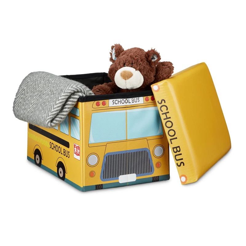 Relaxdays Folding Toy Box of 32 x 48 x 32 cm Toy Storage Ottoman of Faux Leather with 37L with Removable Lid for Children, School Bus