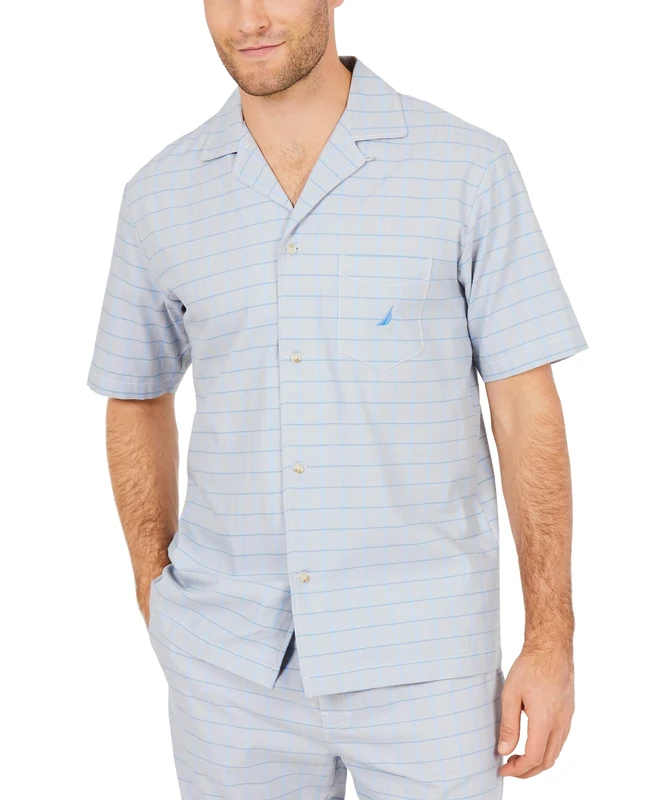 Nautica Men's Short Sleeve Cotton Button Down Woven Pajama Top, Grey, S - Image 1