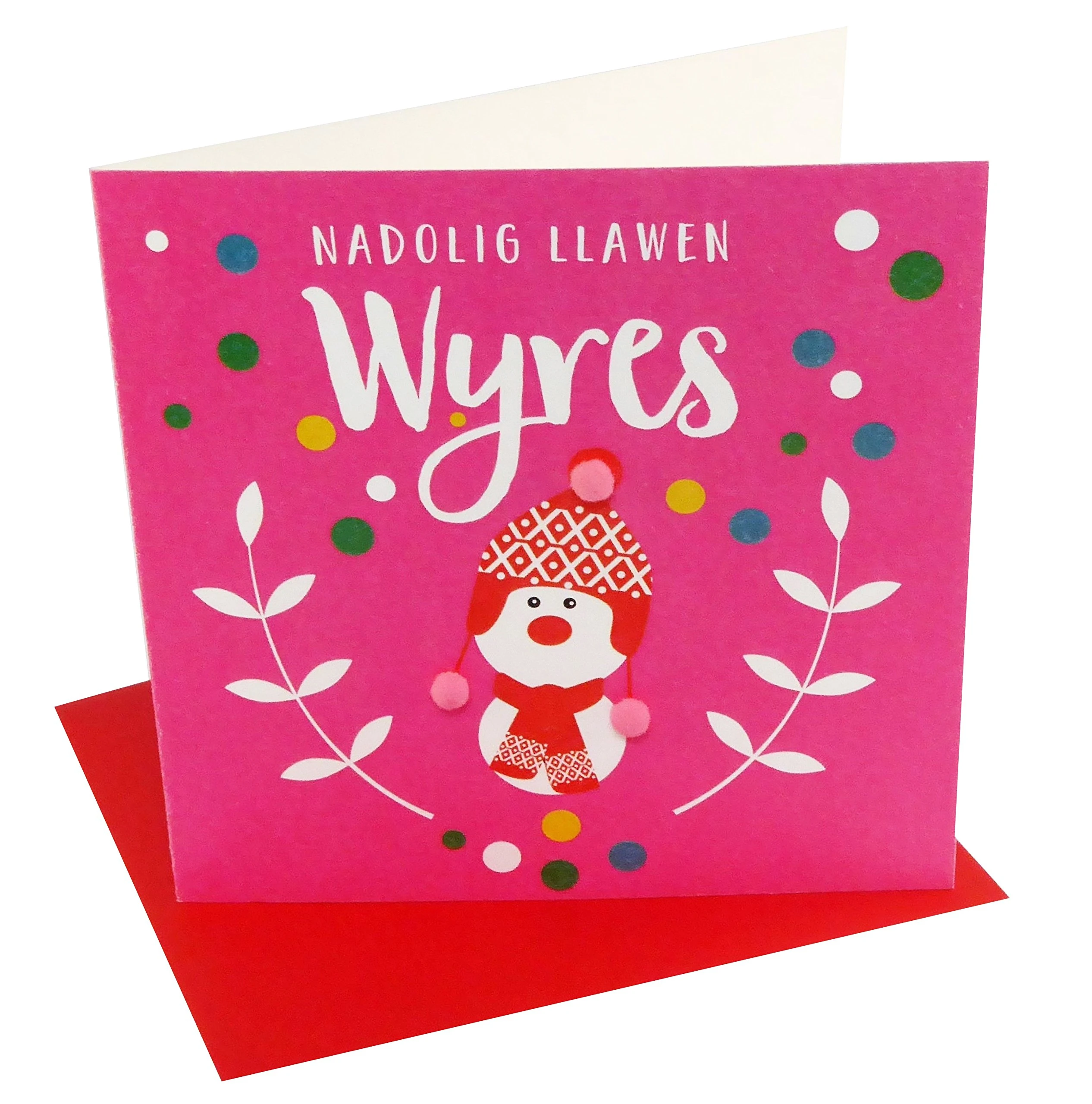 Claire Giles Greeting Cards, Welsh Happy Christmas Granddaughter Card, Nadolig Llawen Wyres, Embellished with Colourful Pompoms