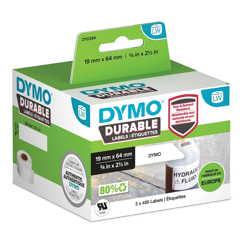 DYMO LW Durable Industrial Labels for LabelWriter Label Printers, White Poly, 19 x 64 mm, 2 Rolls of 450 (1933085)