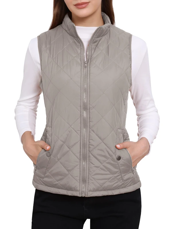 Allegra K Women's Body Warmer Stand Collar Lightweight Quilted Zip Jacket Gilet Gray L
