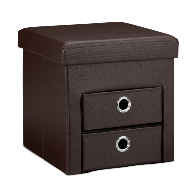 Relaxdays Folding Storage Ottoman with 2 Pull-Out Compartments Drawers, Footstool Total Size: 38 x 38 x 38 cm Faux Leather Seat Pouffe with Foldable Storage Space with Removable Box Stool, Brown