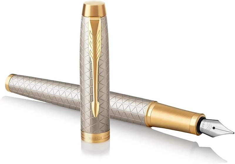 Parker IM Fountain Pen | Premium Warm Silver | Fine Nib with Blue Ink Refill | Gift Box