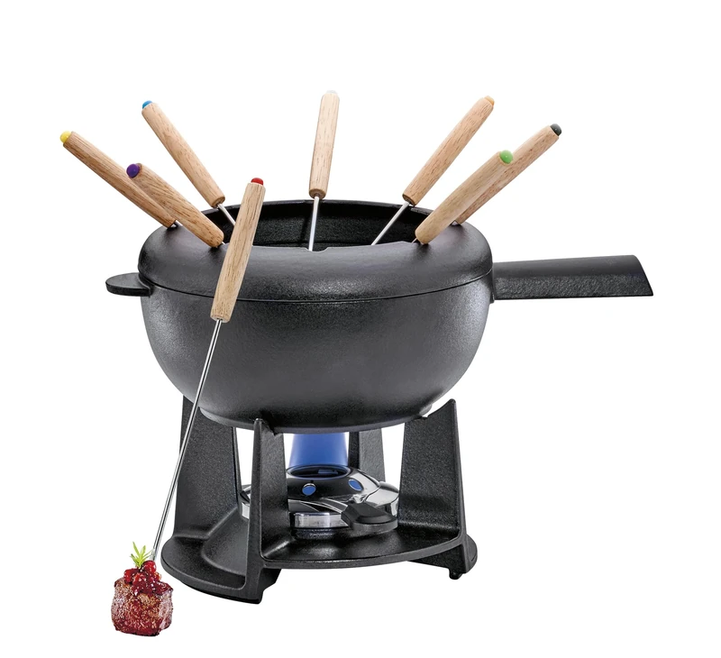 Spring SAAS-FEE Cast Iron Fondue Set Diameter 20 cm with 8 Fondue Forks Black, Cast Iron, Black, 20 cm