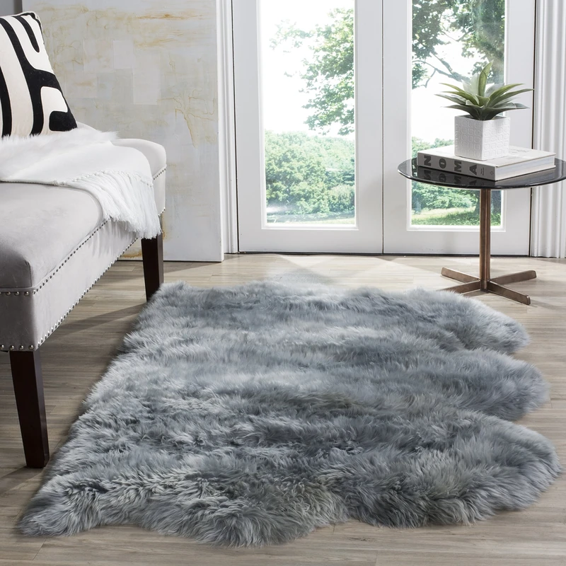 Safavieh Sheepskin Indoor Hand Made Rectangle Area Rug, Fur Collection, SHS121, in Steel Blue, 91 X 152 cm for Living Room, Bedroom or Any Indoor Space