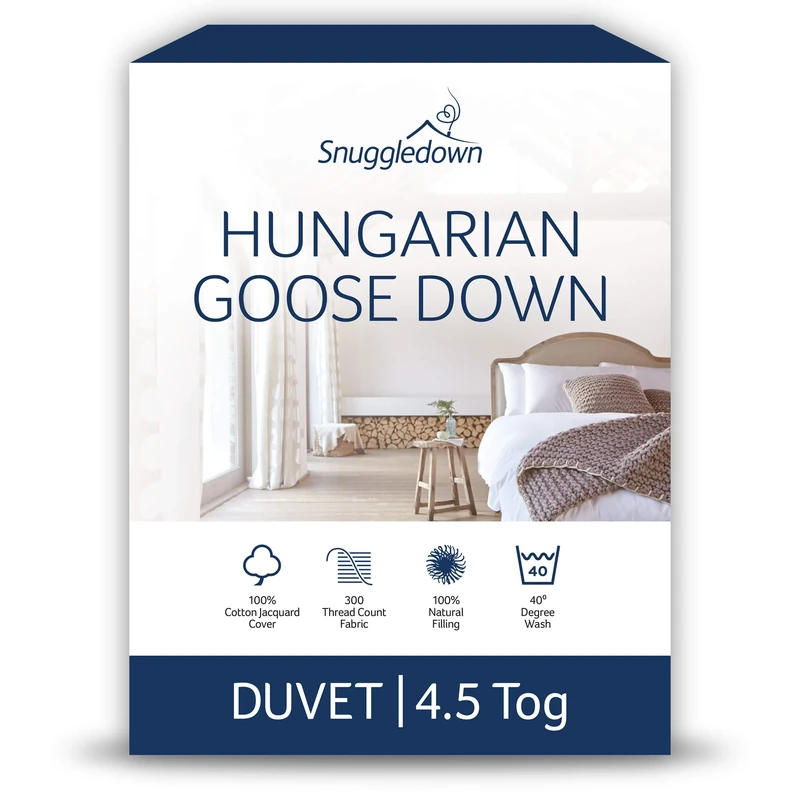 Snuggledown Hungarian Goose Down Double Duvet - 4.5 Tog UK-Made Luxury Double Quilt, Ethically Sourced 80% Down, 300tc Jacquard Cotton Cover - Soft, Breathable & Lightweight for Summers (200 x 200cm)