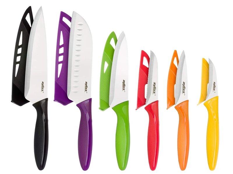 Zyliss 6 Piece Knife Set, Japanese Stainless Steel, Non Slip Handle, Multicolour, 6 x Professional Kitchen Knives with Protection Covers, Dishwasher Safe