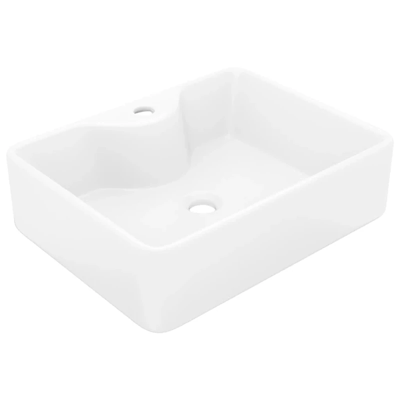 vidaXL White Ceramic Bathroom Sink Basin - Modern Design Square Sink for Bathroom, Washroom, Powder Room with Included Faucet Hole, Easy-Clean Surface