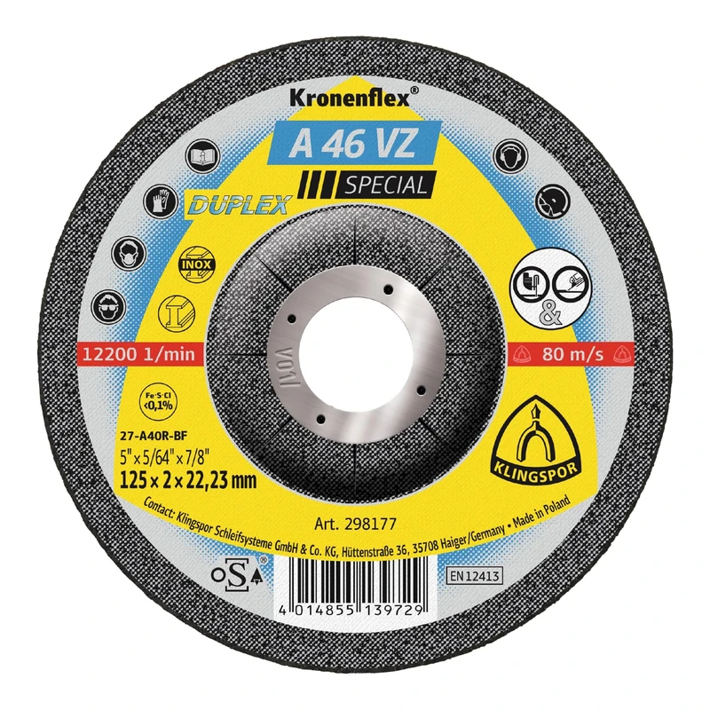 Klingspor 298176 A 46 Grinding Discs 115 x 2 x 22, 23 mm Cranked Capacity – 25/Pack