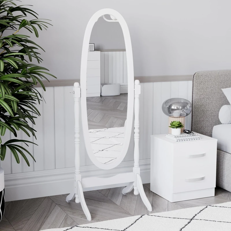 Vida Designs Nishano Cheval Mirror Free Standing Full Length Floor Standing Dressing Mirror Adjustable Bedroom Furniture Wooden, White