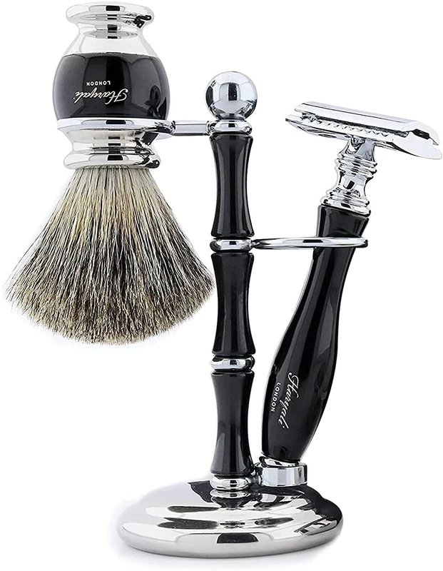 Haryali London 5 Pcs Shaving Set Double Edge Safety Razor Badger Shaving Brush Shaving Soap Shaving Bowl Shaving Stand All Comes in Designer Box
