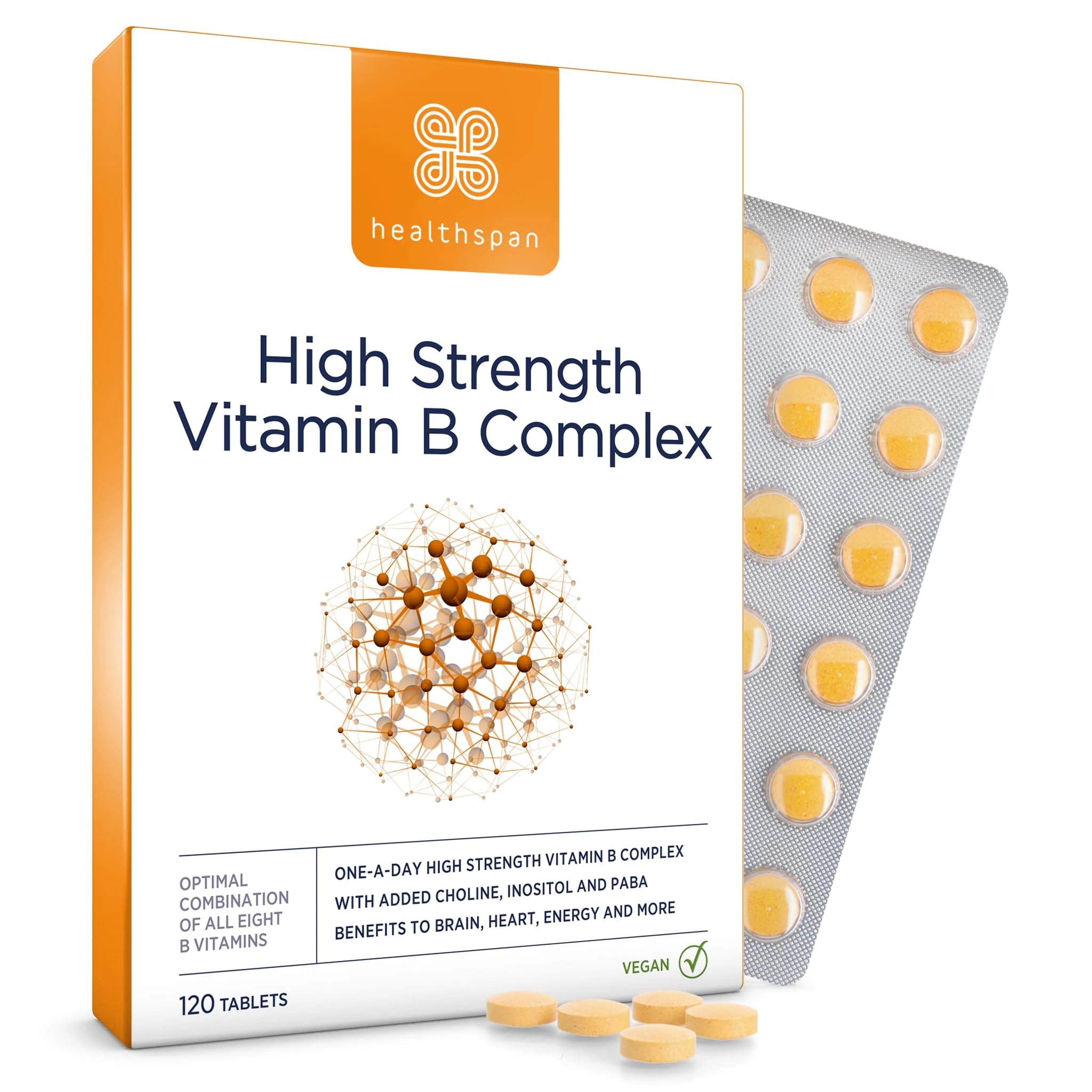 Healthspan High Strength Vitamin B Complex (120 Tablets) | High Levels of All 8 B-Complex Vitamins | Supports Brain & Heart Health | Immune Health | Reduces Tiredness & Fatigue | with Choline | Vegan