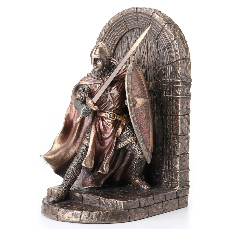 Veronese Design Maltese Crusader Statue in Armor Guarding Door Holding Shield & Sword Bookend