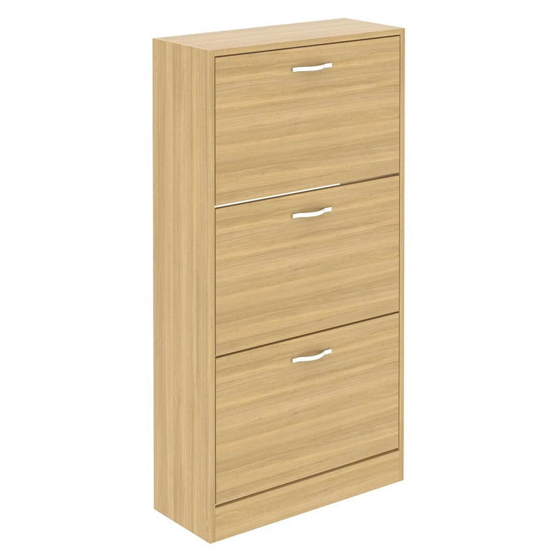 Vida Designs Shoe Cabinet, Wooden Shoe Storage Unit with 3 Pull-Down Drawers, Multifunctional Dust-Proof Space-Saving Slim Cupboard for Hallway or Entryway (Pine)