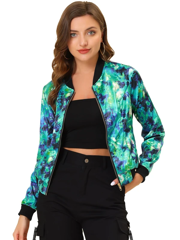 Allegra K Women's St. Patrick's Day Stand Collar Lightweight Zip Up Floral Bomber Jacket Green S