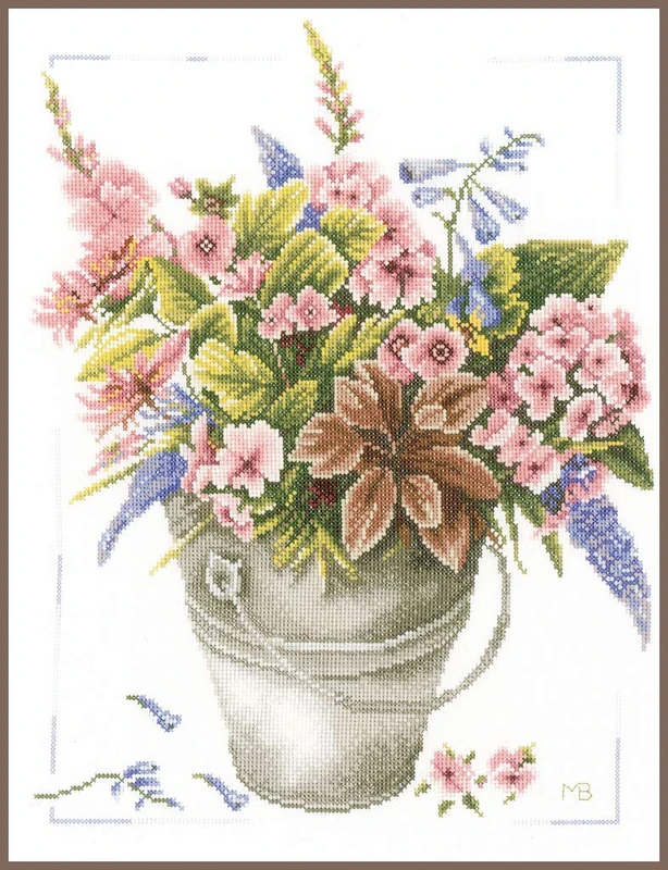 Lanarte Counted Cross Stitch Kit: Bouquet of Flowers in Bucket, NA, 30 x 38cm