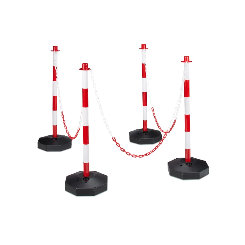 Relaxdays 4 Parking Barriers, Size: 82 x 112 x 28 cm Chain Barrier made of Plastic w/ Practical Chains to Save Parking Spaces w/ Sturdy Base to Fill w/ Water or Sand, Red / White
